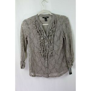 Style & Co Lace Blouse Button Front Ruffle Gray Sheer 3/4 Sleeves Petite MP NEW